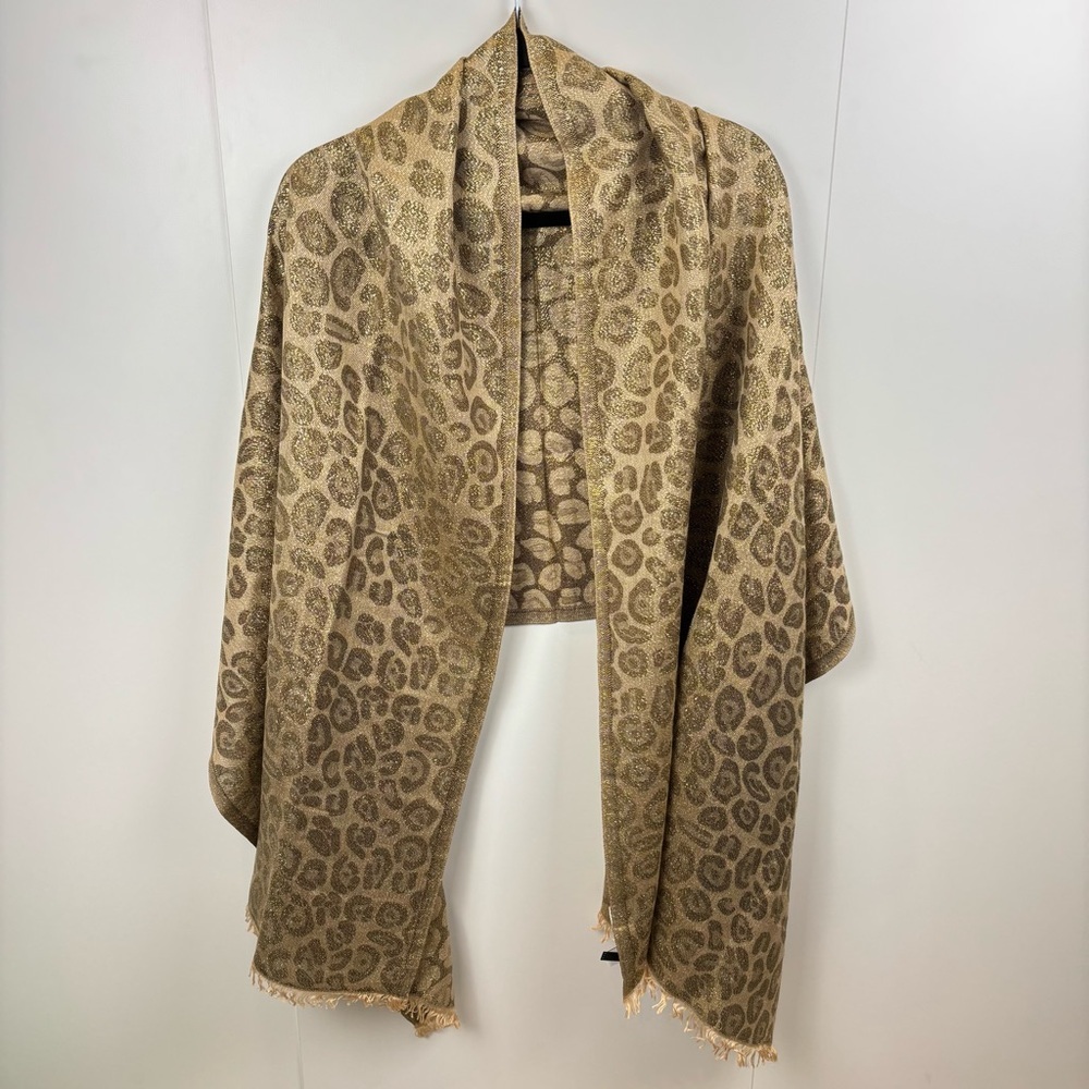 NWT Gold Wrap Shawl Leopard Cheetah Animal Print Shiny Glam Holiday Christmas